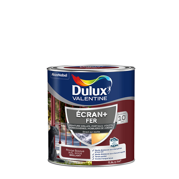 DULUX VALENTINE - Peinture extérieure Fer Ecran+ Dulux Valentine Bril- Rouge Basque 0,5L - large
