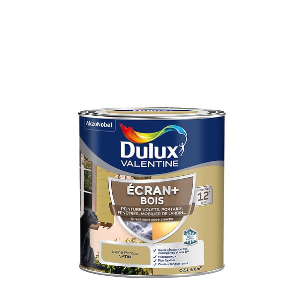 DULUX VALENTINE - Peinture extérieure Bois Ecran+ Dulux Valentine Satin-Jaune Pampa 0,5L - large