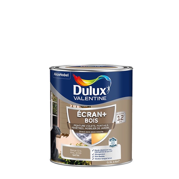 DULUX VALENTINE - Peinture extérieure Bois Ecran+ Dulux Valentine Satin-Beige Gris 0,5 L - large