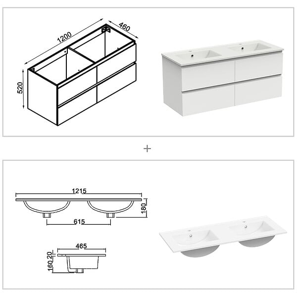 AICA SANITAIRE - Ensemble meuble blanc et vasque L.120cm 4 tiroirs + colonne*2 haut + lavabo + miroir 80x60cm*2-suspendu - large