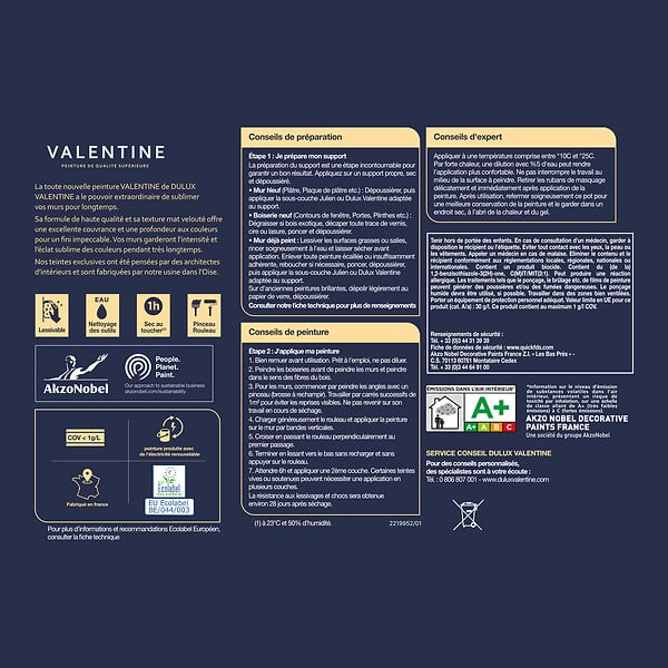 DULUX VALENTINE - Peinture murs&boiseries Valentine  Mat Velouté Noir Profond 0,125L - large