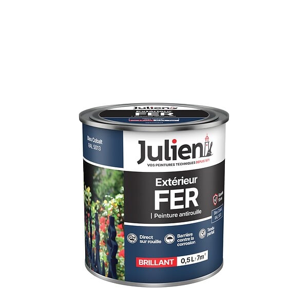JULIEN - Peinture Extérieure Fer Antirouille Julien Brillant - Bleu Cobalt 0.5L - large