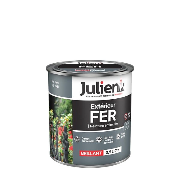 JULIEN - Peinture Extérieure Fer Antirouille Julien Brillant - Gris Bleu 0.5L - large