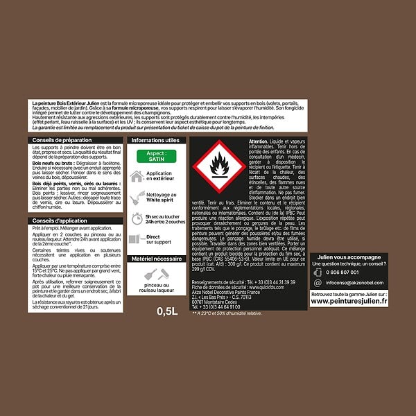 JULIEN - Peinture Extérieure Bois Microporeux Julien Satin -Brun Normandie 0.5L - large