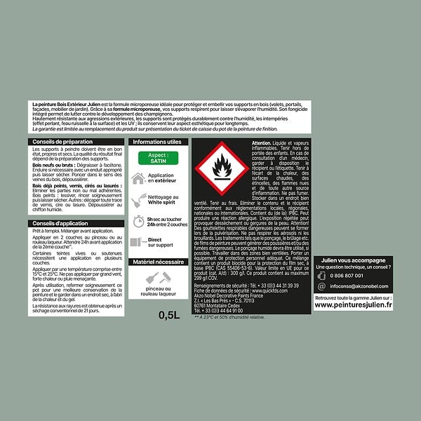 JULIEN - Peinture Extérieure Bois Microporeux Julien Satin - Vert Provence 0.5L - large
