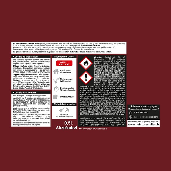 JULIEN - Peinture Extérieure Fer Antirouille Julien Brillant -Rouge Basque 0.5L - large