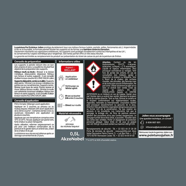 JULIEN - Peinture Extérieure Fer Antirouille Julien Brillant - Gris Bleu 0.5L - large