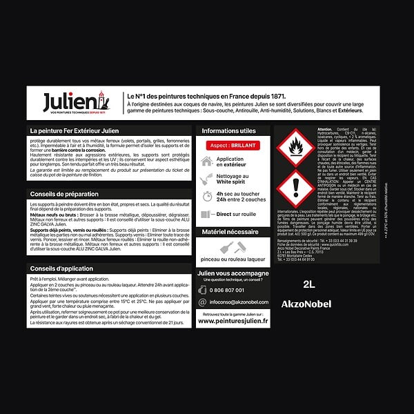 JULIEN - Peinture Extérieure Fer Antirouille Julien Brillant - Noir 2L - large