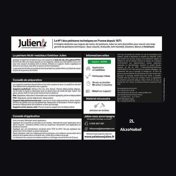 JULIEN - Peinture Extérieure Multi-Materiaux Julien Satin - Noir 2L - large