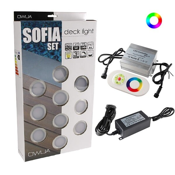 DECKLINEA - 10 Spots LED à Encastrer - RGB - Telecommande + Transformateur 30W - SOFIA - Ø45mm - Ø perçage 31mm - Plug & Play - Basse Intensité - large
