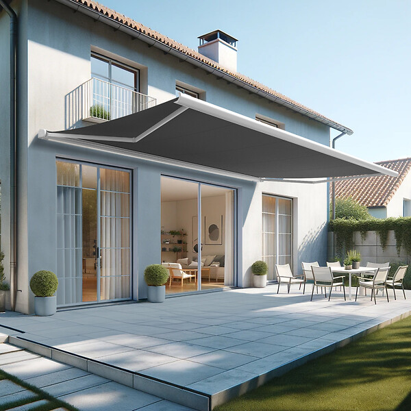 INTERSUN - Store banne coffre intégral HEVOA 6,00x3,50 M (Motorisé Secours à Télécommande + LED - Blanc satiné RAL9010 - Gris foncé 250g/m²) - large