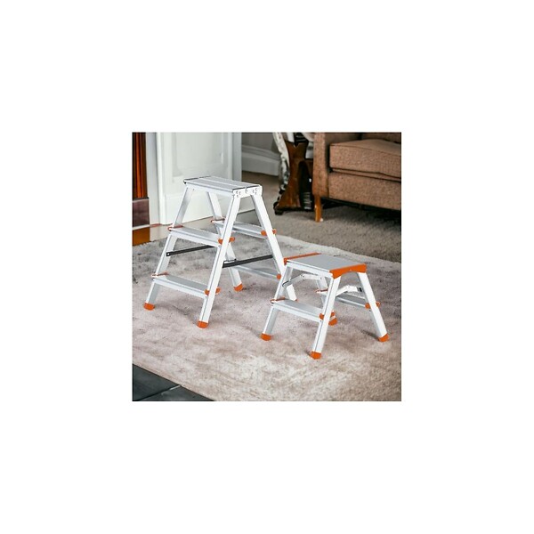 BRIXO - Escabeau 2 marches Marche-pied Aluminium Charge 125 kg Pliable Pieds anti-dérapants BRIXO - large