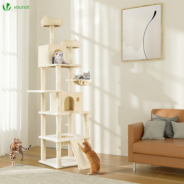 VOUNOT - Arbre a chat Geant 6 niveaux avec griffoir grattoir 215 cm beige - large