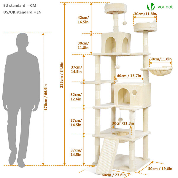 VOUNOT - Arbre a chat Geant 6 niveaux avec griffoir grattoir 215 cm beige - large