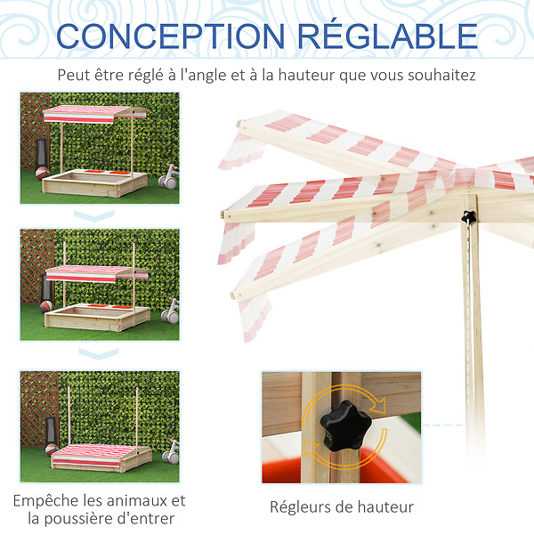 OUTSUNNY - Bac à sable bois carré dim. 1,18L x 1,18l x 1,18H m - hauteur, inclinaison toit réglables, refermable - 2 bacs - bois sapin autoclave - large