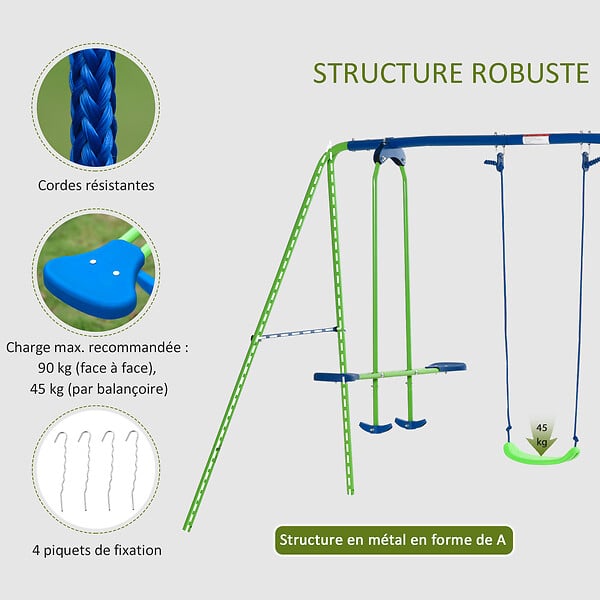 OUTSUNNY - Balançoire 3 agrès portique avec 2 balançoires et face à face dim. 2,8L x 1,4l x 1,78H m métal époxy anticorrosion PE vert bleu - large