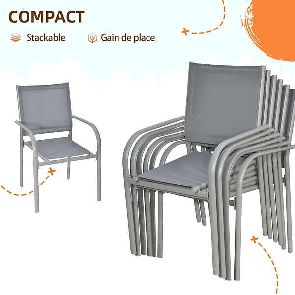 OUTSUNNY - Ensemble de jardin 6 personnes chaises empilables table à manger dim. 150L x 90l x 72H cm plateau verre acier époxy textilène gris - large