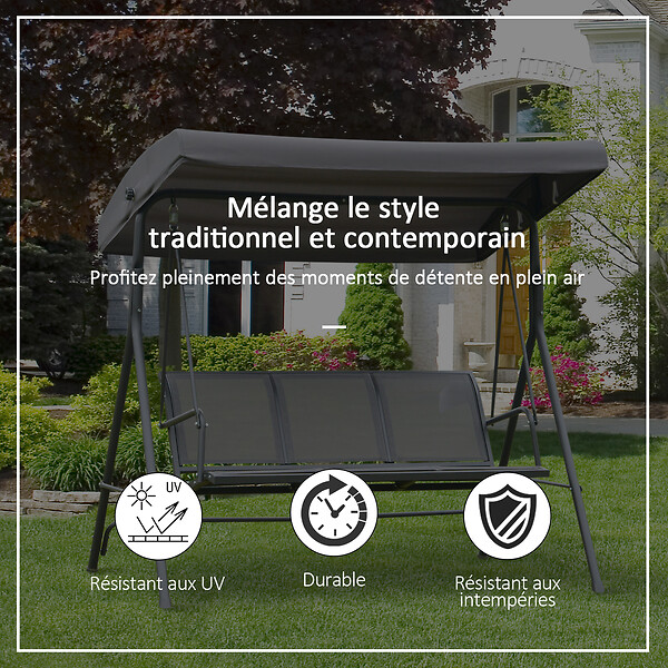 OUTSUNNY - Balancelle de jardin 3 places grand confort toit inclinaison réglable assise et dossier ergonomique acier textilène gris - large
