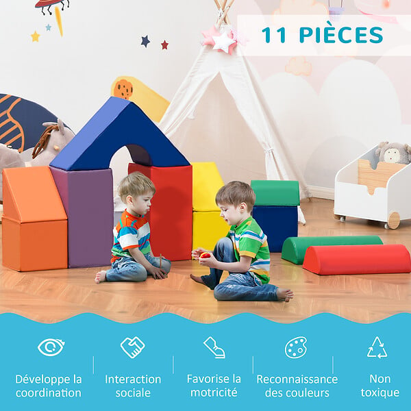 HOMCOM - 11 blocs de construction en mousse XXL - modules de motricité - jouets éducatifs - certifiés normes EN71-1-2-3 - mousse EPE revêtement PU multicolore - large