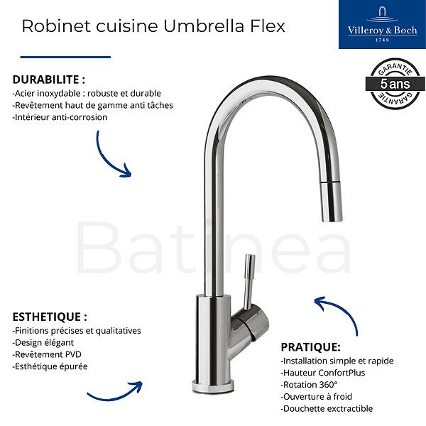 VILLEROY ET BOCH - Evier  Subway Pure 60 égouttoir à droite vidage auto + Robinet de cuisine Umbrella Flex Or Mat - large