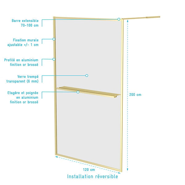 AURLANE - Paroi de Douche Or Doré Brossé 120x200cm - Porte-Serviette et Etagère - large