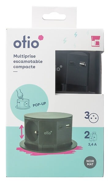 OTIO - Bloc escamotable compact 100 mm 3x16A + 2 x USB A+C Noir - large