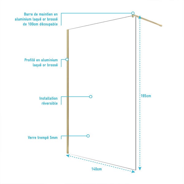 AURLANE - Paroi de Douche 140x195 cm en Verre Trempé 5 mm - Finition Or Brossé - GOLD ELEMENTARY - large