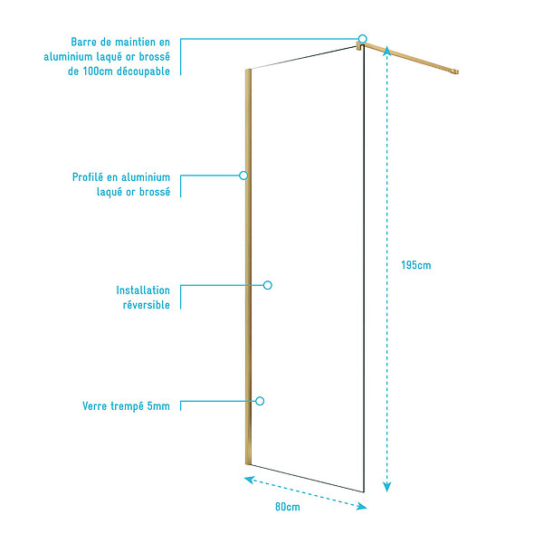 AURLANE - Paroi de Douche 80x195 cm en Verre Trempé 5 mm - Finition Or Brossé - GOLD ELEMENTARY - large