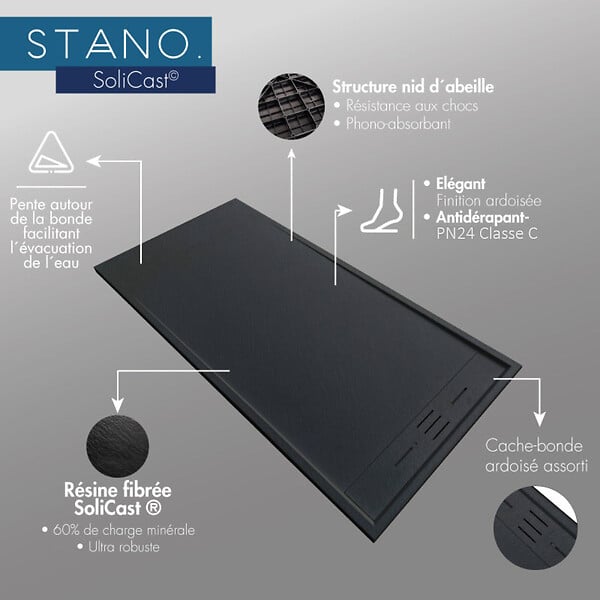 STANO - Receveur de douche 90 x 160 cm extra plat gris SALVI en SoliCast® surface ardoisée - large