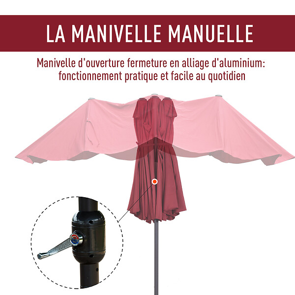 OUTSUNNY - Parasol de jardin XXL parasol grande taille 4,6L x 2,7l x 2,4H m ouverture fermeture manivelle acier polyester haute densité bordeaux - large