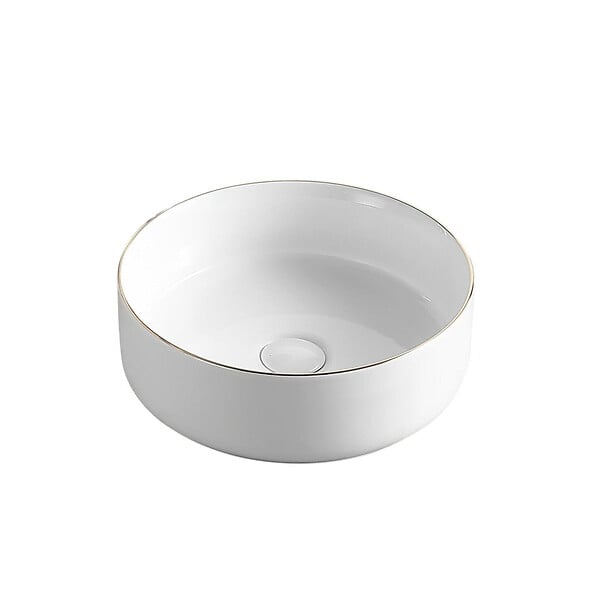 STANO - Vasque à poser ronde en céramique MENDOZA 6 coloris Ø36 cm Blanc mat liseré doré - large