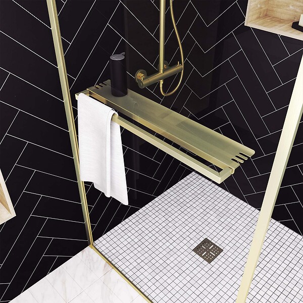 AURLANE - Paroi de Douche Or Doré Brossé 100x200cm - Porte-Serviette et Etagère - large