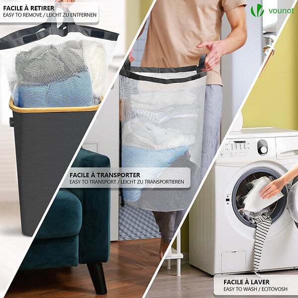 VOUNOT - Panier a linge pliable 100L avec sac intérieur cadre bambou et couvercle gris - large