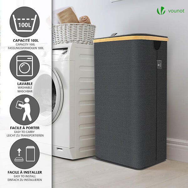 VOUNOT - Panier a linge pliable 100L avec sac intérieur cadre bambou et couvercle gris - large