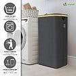 VOUNOT - Panier a linge pliable 100L avec sac intérieur cadre bambou et couvercle gris - vignette