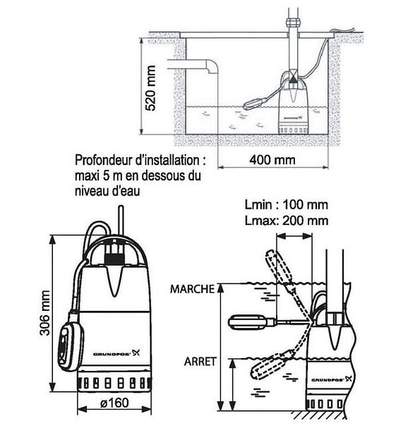 GRUNDFOS - pompe de relevage 240w avec flotteur réglable - unilift cc5 a1 - large