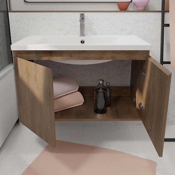 AURLANE - Meuble de salle de bains 75cm à Suspendre Décor Bois Clair - 2 Portes - Vasque Blanche - ELEMENTARY - large