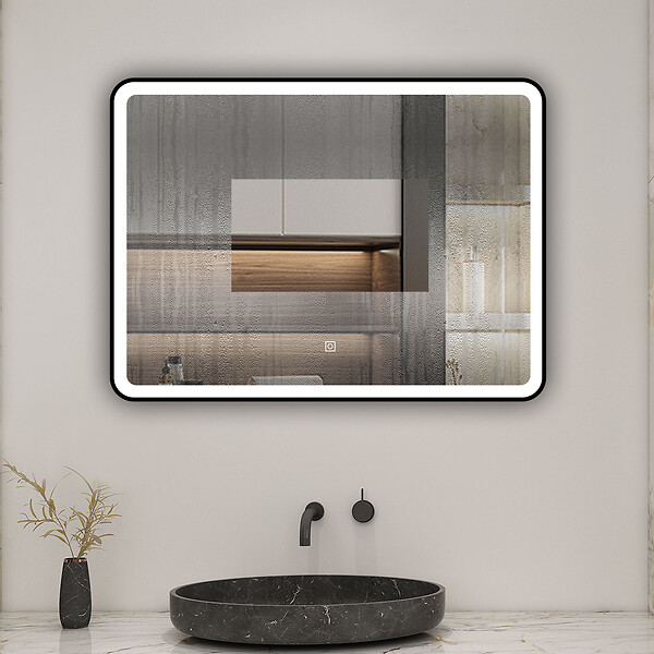 AICA SANITAIRE - AICA miroir de salle de bain LED 70x50cm avec cadre noir, tricolore + anti-buée + mémoire + gradation infinie - large