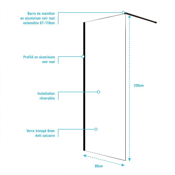 AURLANE - Paroi de Douche 80x200cm en Verre Trempé Transparent 8mm Anticalcaire - Profilé Noir Mat - LINA - large