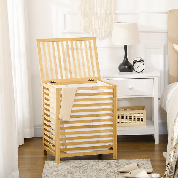 HOMCOM - Panier à linge - sac en tissu amovible, couvercle - dim. 50L x 36l x 60H - bois bambou verni - large