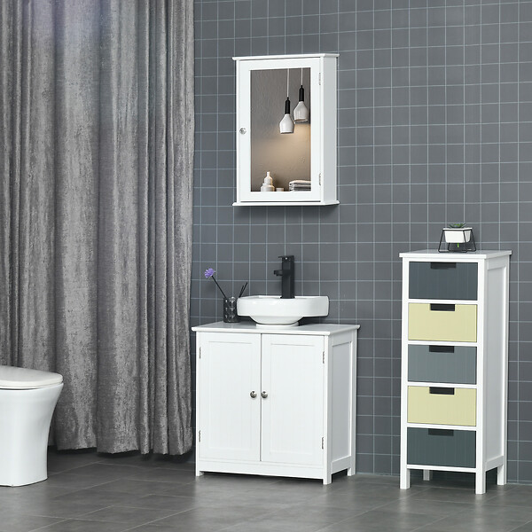KLEANKIN - Armoire murale de salle de bain avec miroir - armoire à glace - placard de rangement toilettes - 1 porte, 2 étagères - verre MDF blanc - large
