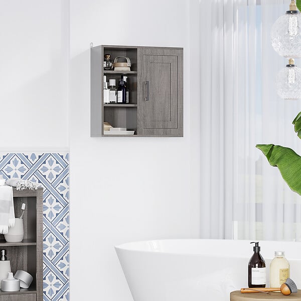 KLEANKIN - Armoire haute murale de salle de bain ou WC placard 1 porte 3 niches dim. 48L x 20l x 50H cm panneaux particules gris - large