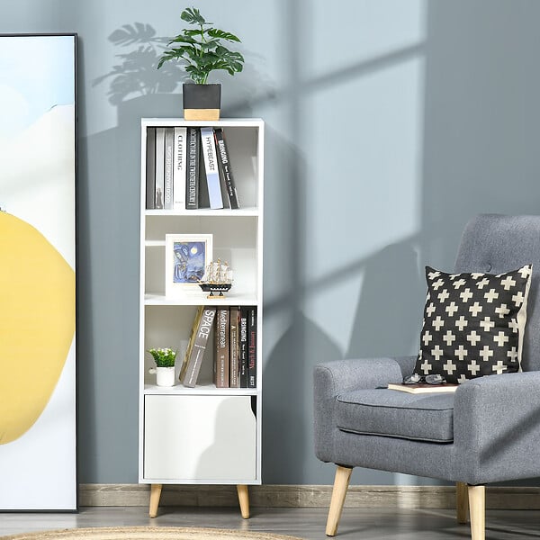 HOMCOM - Meuble de rangement colonne design scandinave - 3 niches, placard porte - piètement effilé incliné bois pin panneaux particules blanc - large