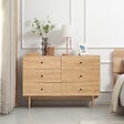 HOMCOM - Commode vintage 6 tiroirs coulissants piètement bois de pin panneaux aspect bois de teck - vignette