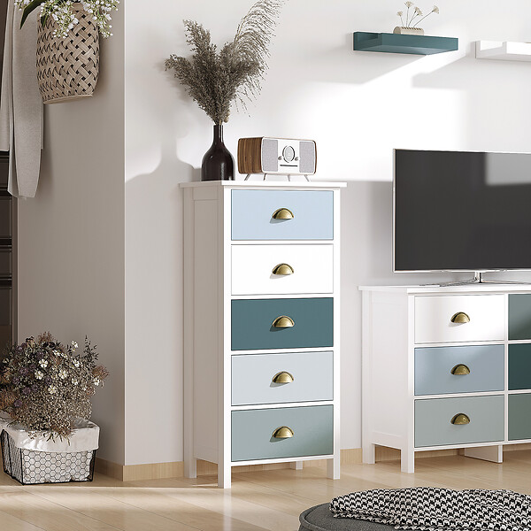 HOMCOM - Meuble de rangement chiffonnier style néo-rétro 5 tiroirs poignées coquilles MDF blanc bleu gris - large