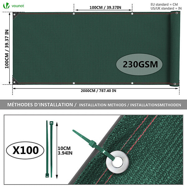 VOUNOT - Brise vue occultant en HDPE 230g/m² 1x20m avec attaches de fixation vert - large