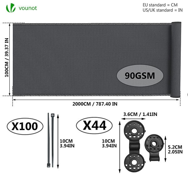 VOUNOT - Brise vue occultant en HDPE 90g/m² 1x20m avec attaches de fixation anthracite - large