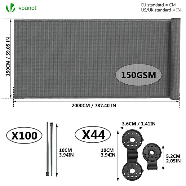 VOUNOT - Brise vue occultant en HDPE 150g/m² 1.5x20m avec attaches de fixation gris - large