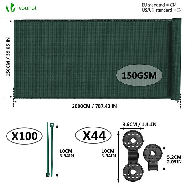 VOUNOT - Brise vue occultant en HDPE 150g/m² 1.5x20m avec attaches de fixation vert - large