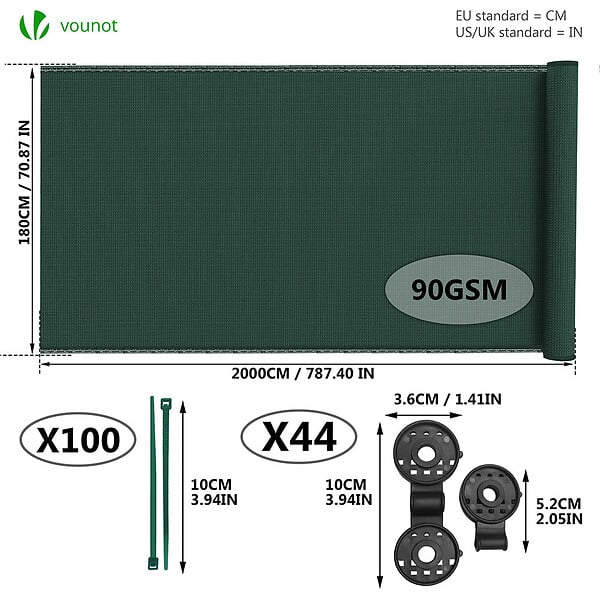 VOUNOT - Brise vue occultant en HDPE 90g/m² 1.8x20m avec attaches de fixation vert - large
